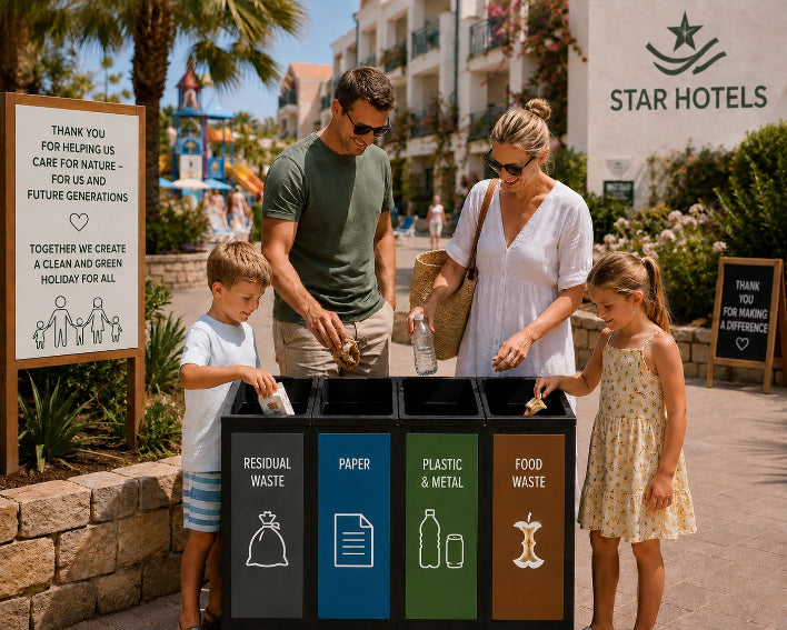 A family of four stands at a beach resort counter, placing recyclable items into a black multi-compartment waste bin labeled with categories like Residual Waste, Paper, Plastic & Metal, and Food Waste. 