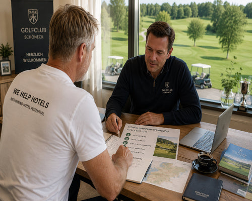 Two men seated at a wooden table in a bright room with large windows overlooking a golf course. One man wears a white T-shirt with black text reading 'WE HELP HOTELS' and the other wears a dark navy polo with a golf club logo.